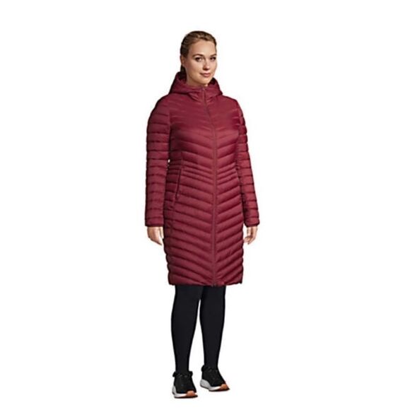 Land’s End Ultralight Quilted Down hooded Puffer Coat oversize long burgundy XSP - Picture 1 of 12